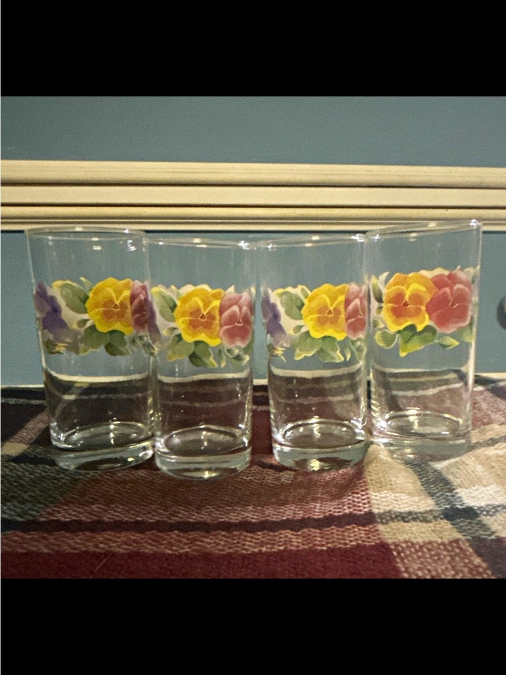 Vintage Corelle Floral Glass Set of 4 - Yellow, Pink & Purple